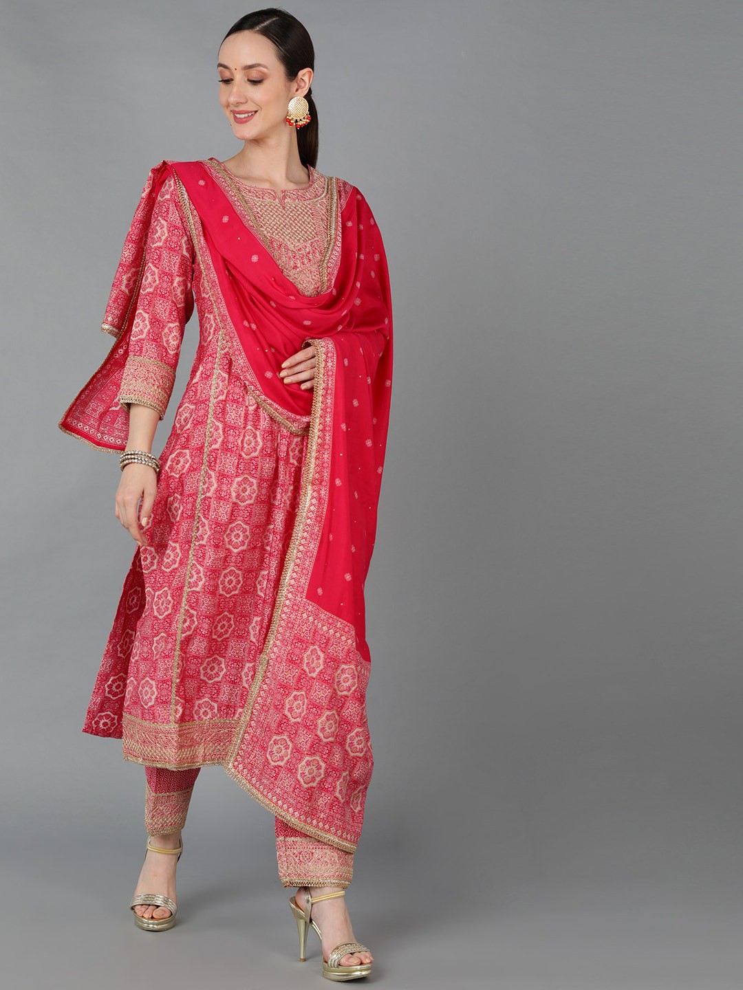 

AHIKA Women Floral Printed Sequinned Kurta with Trousers & Dupatta, Pink