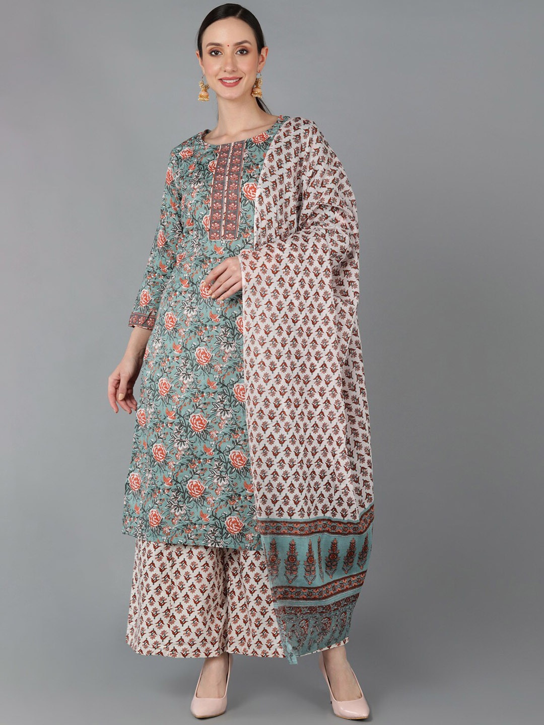 

AHIKA Women Floral Printed Pure Cotton Kurta with Palazzos & Dupatta, Blue