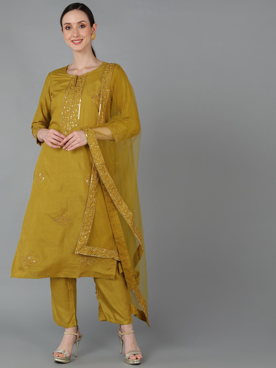 

AHIKA Women Floral Embroidered Sequinned Kurta with Trousers & Dupatta, Mustard