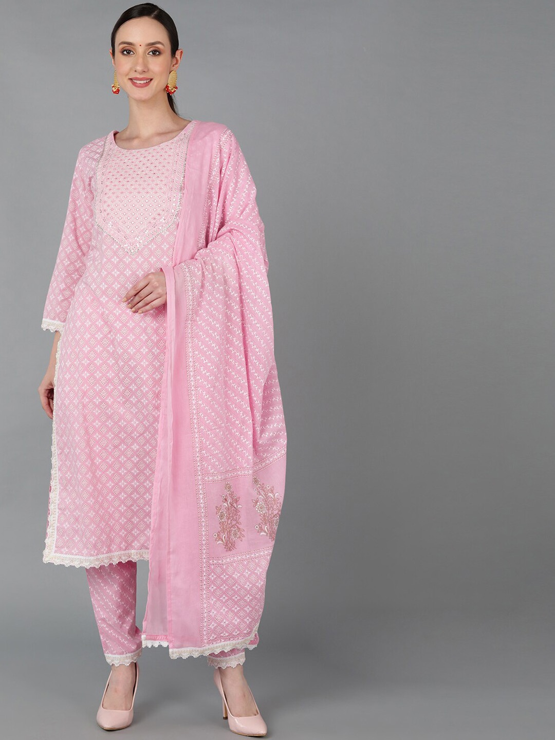 

AHIKA Women Ethnic Motifs Yoke Design Sequinned Pure Cotton Kurta with Trousers & Dupatta, Pink