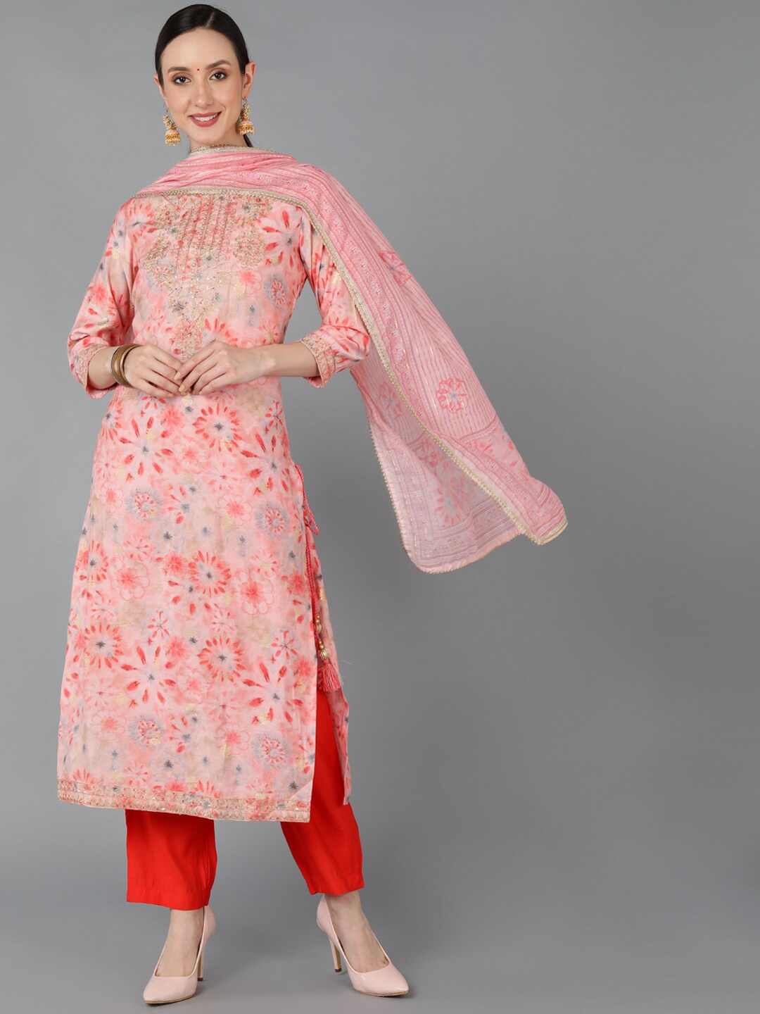 

AHIKA Women Floral Dyed Thread Work Kurta with Trousers & Dupatta, Pink