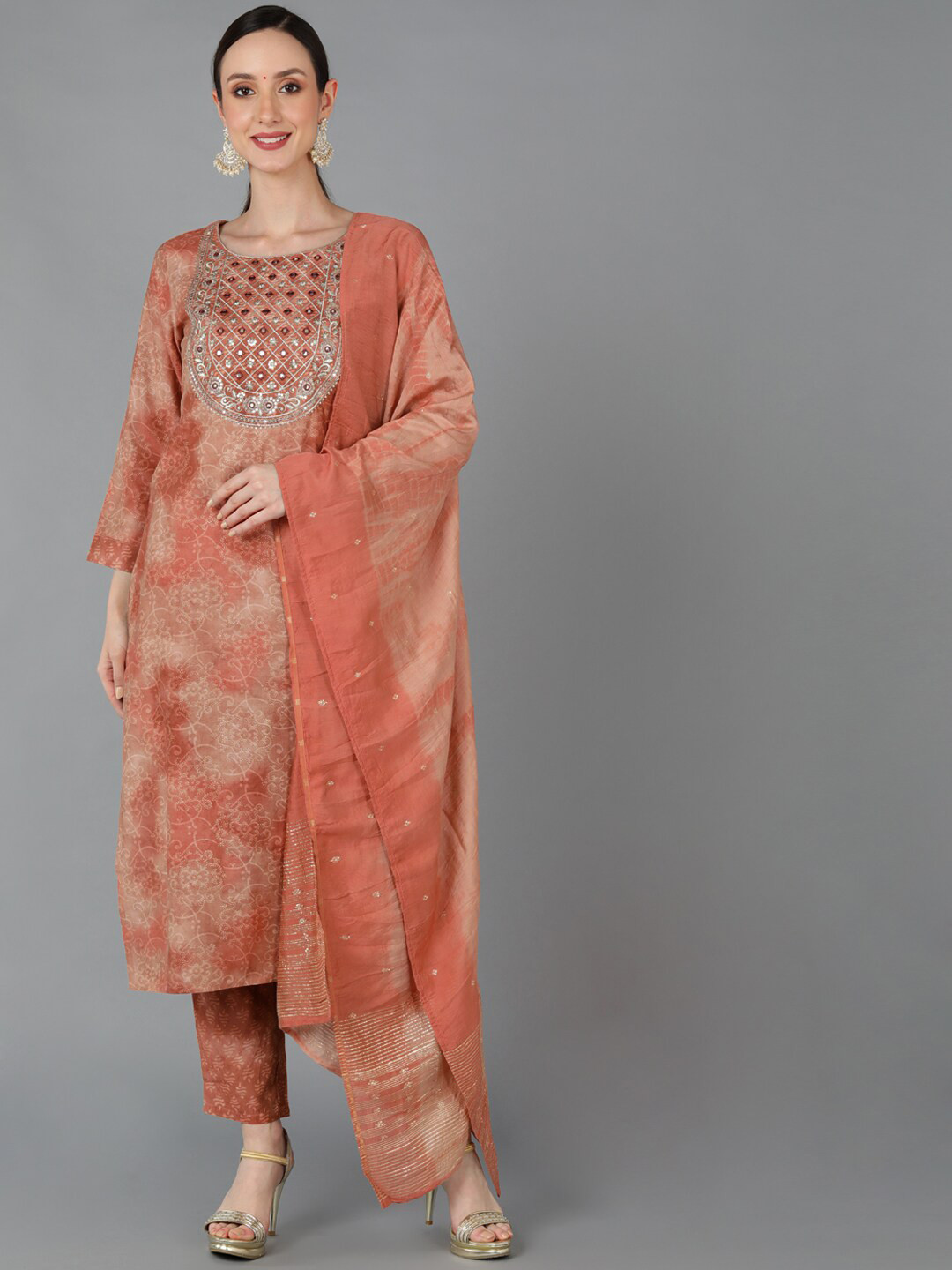 

AHIKA Women Ethnic Motifs Printed Mirror Work Kurta with Trousers & Dupatta, Peach