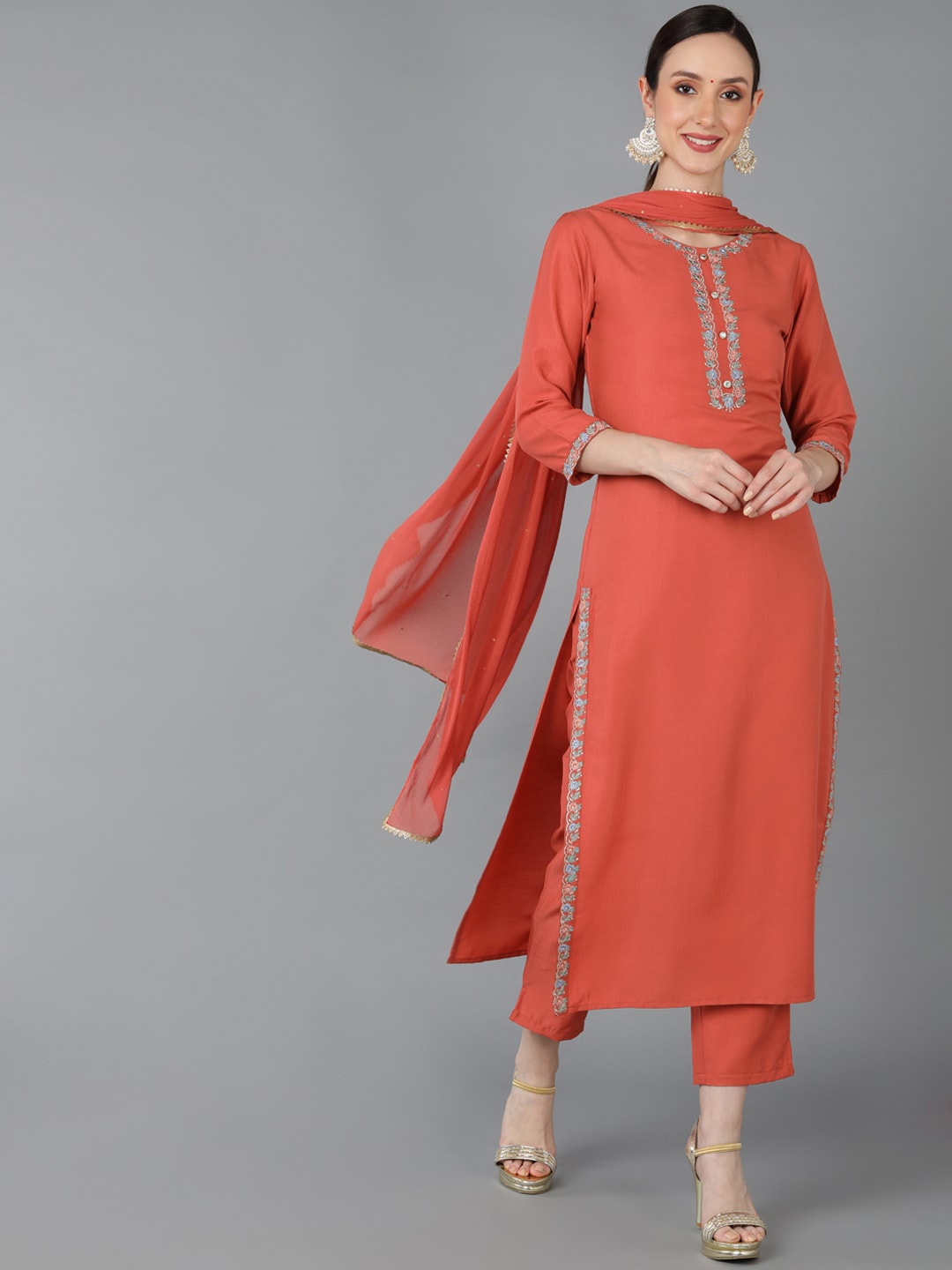 

AHIKA Women Thread Work Kurta with Trousers & Dupatta, Coral