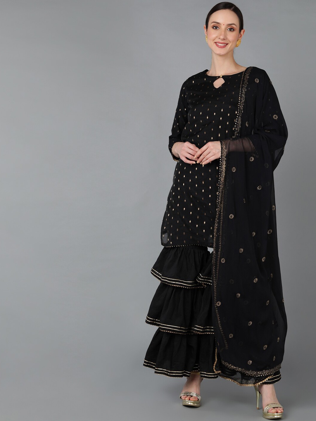 

AHIKA Women Ethnic Motifs Woven Design Kurta with Sharara & Dupatta, Black