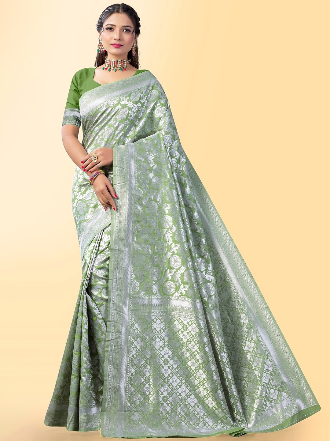 

Naishu Trendz Ethnic Motifs Zari Pure Silk Kanjeevaram Saree, Sea green