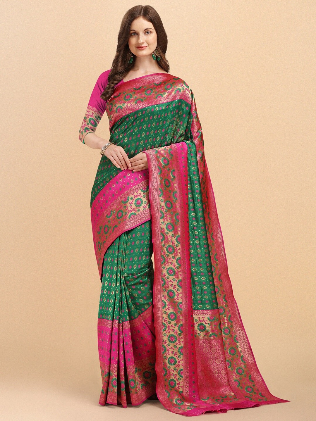 

Naishu Trendz Ethnic Motifs Zari Pure Silk Kanjeevaram Saree, Green