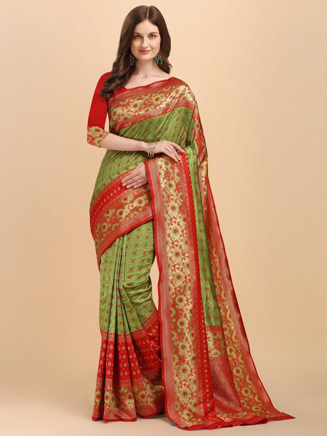 

Naishu Trendz Floral Zari Pure Silk Kanjeevaram Saree, Green