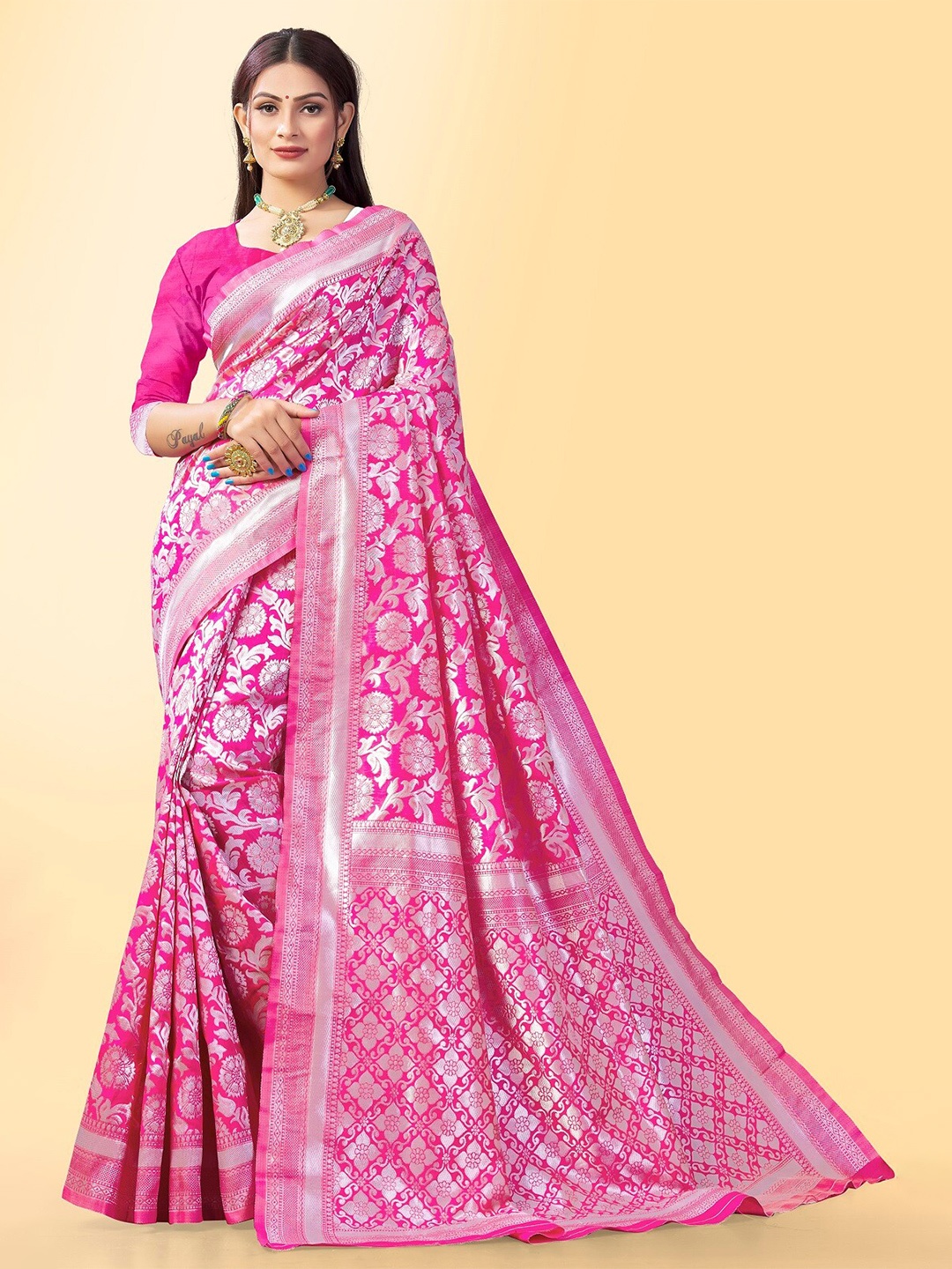 

Naishu Trendz Floral Zari Pure Silk Kanjeevaram Saree, Pink