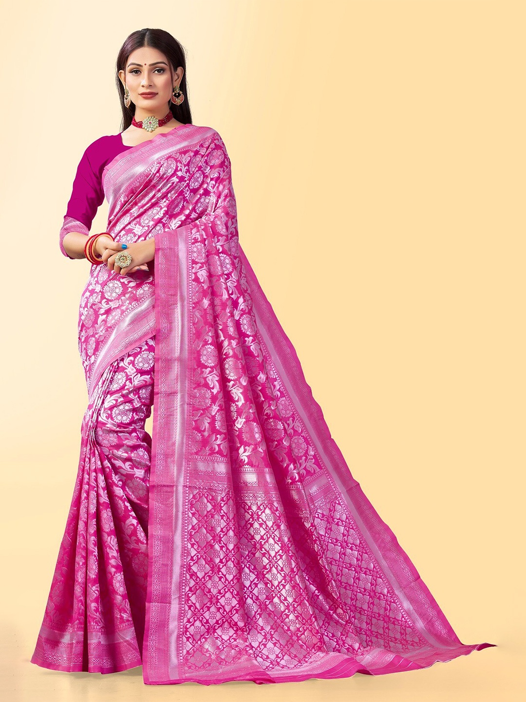 

Naishu Trendz Floral Zari Pure Silk Kanjeevaram Saree, Pink