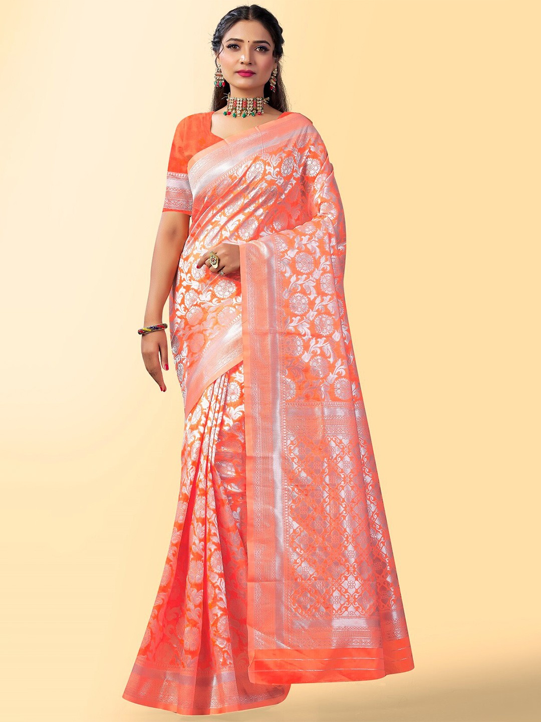 

Naishu Trendz Floral Zari Pure Silk Kanjeevaram Saree, Orange