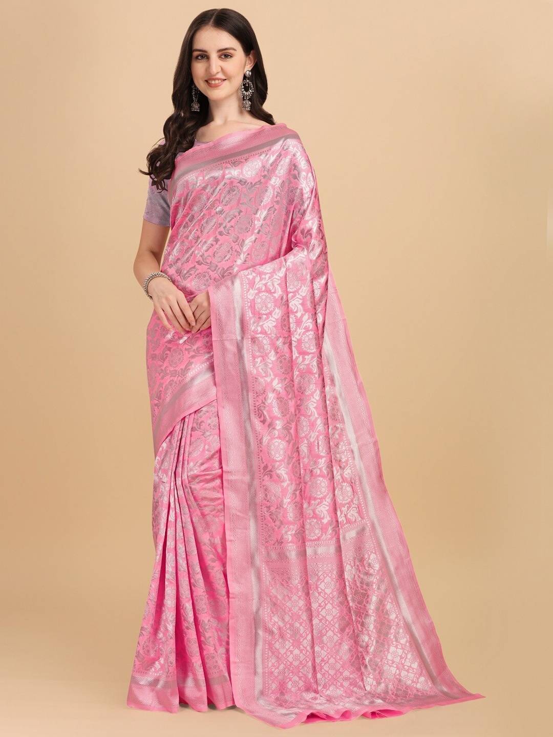 

Naishu Trendz Floral Woven Design Zari Pure Silk Kanjeevaram Saree, Pink
