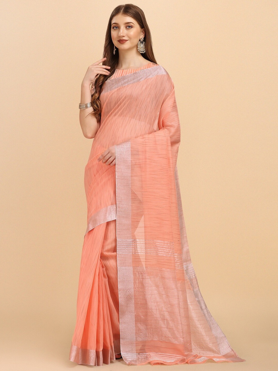 

Naishu Trendz Zari Pure Silk Kanjeevaram Saree, Peach