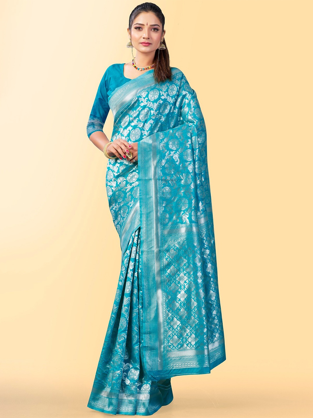 

Naishu Trendz Floral Zari Pure Silk Kanjeevaram Saree, Turquoise blue