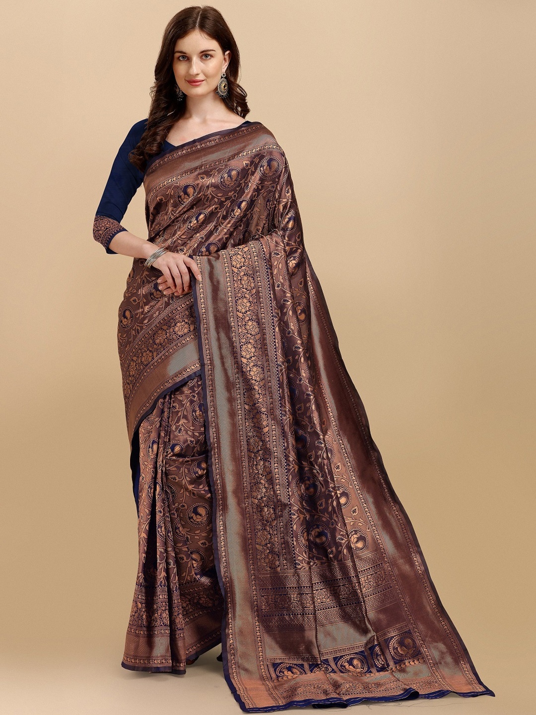 

Naishu Trendz Floral Woven Design Zari Pure Silk Kanjeevaram Saree, Copper