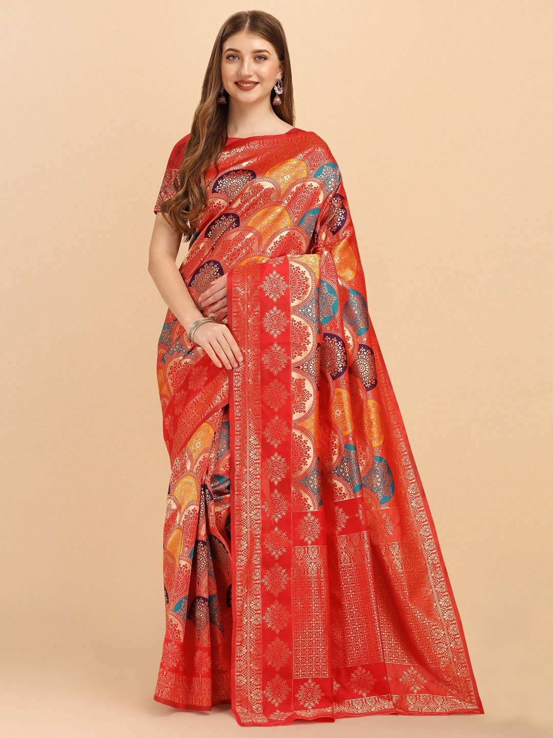 

Naishu Trendz Ethnic Motifs Woven Design Zari Pure Silk Kanjeevaram Saree, Red