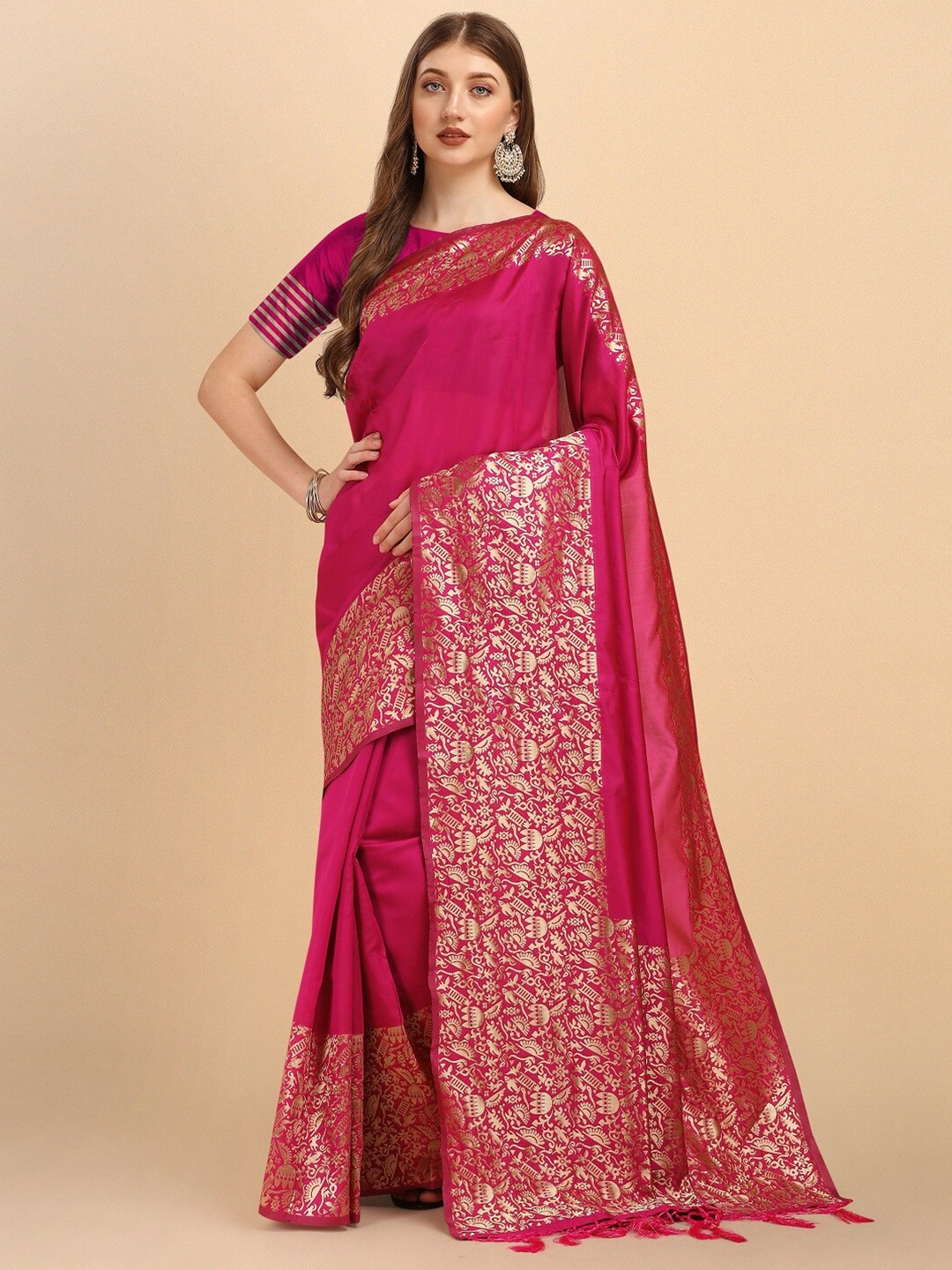 

Naishu Trendz Zari Bordered Pure Silk Kanjeevaram Saree, Pink
