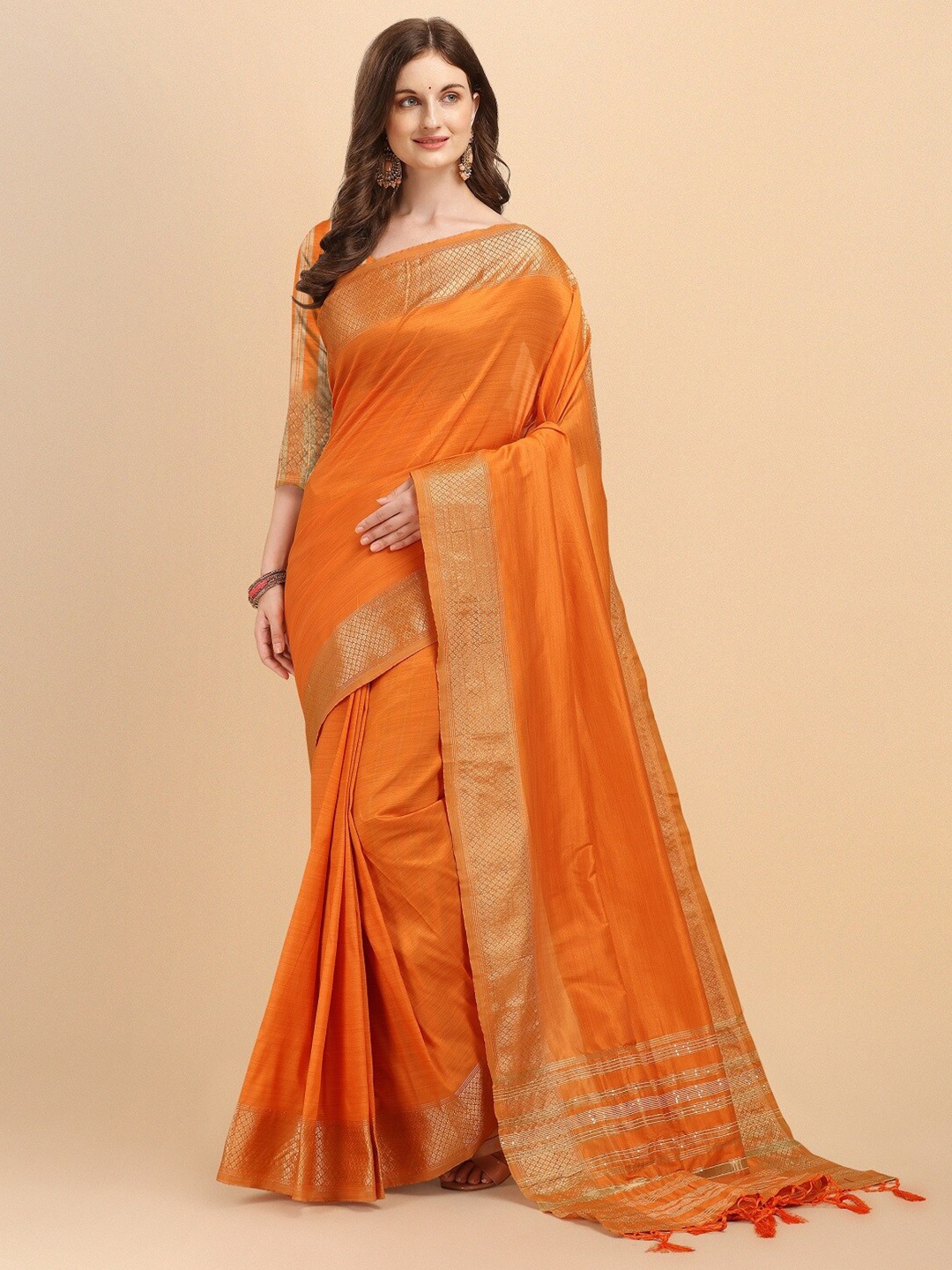 

Naishu Trendz Zari Bordered Pure Silk Kanjeevaram Saree, Orange