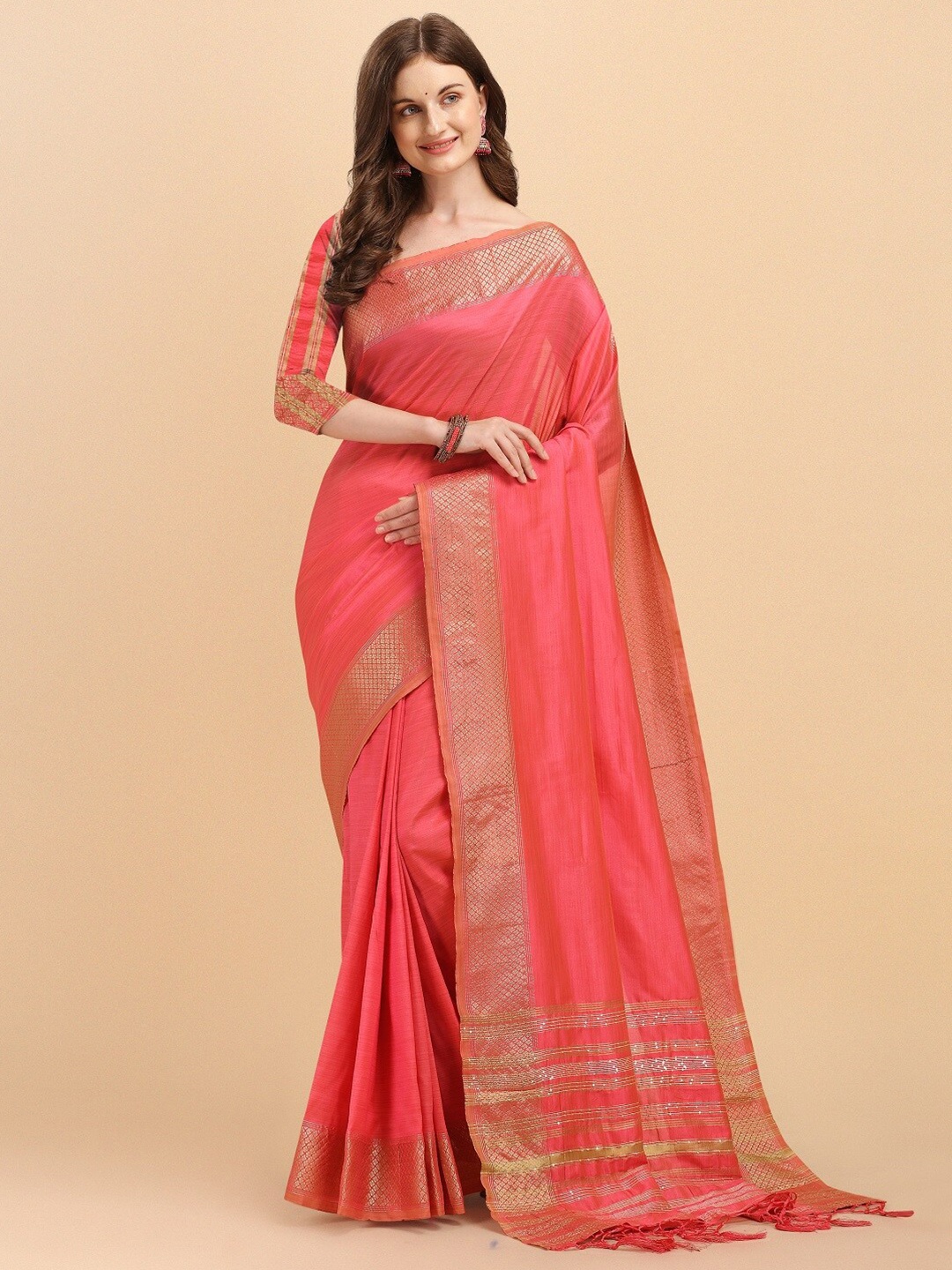 

Naishu Trendz Zari Bordered Pure Silk Kanjeevaram Saree, Peach