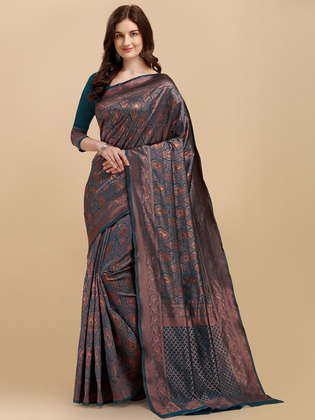 

Naishu Trendz Woven Design Zari Bordered Pure Silk Kanjeevaram Saree, Green