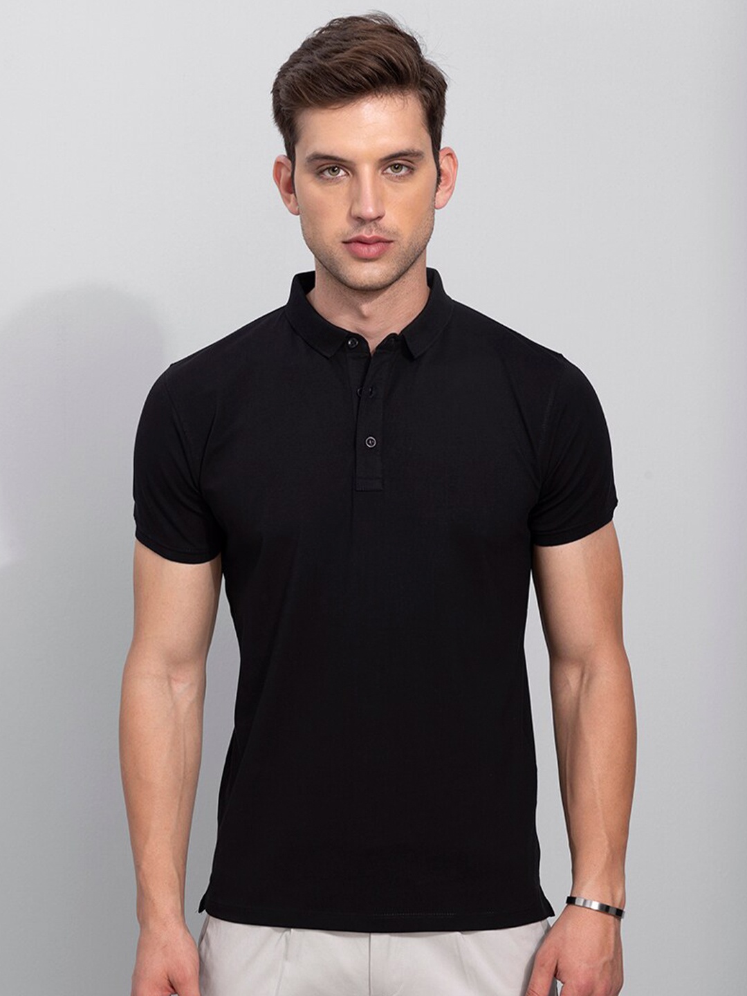 

Snitch Men Polo Collar Slim Fit Cotton T-shirt, Black