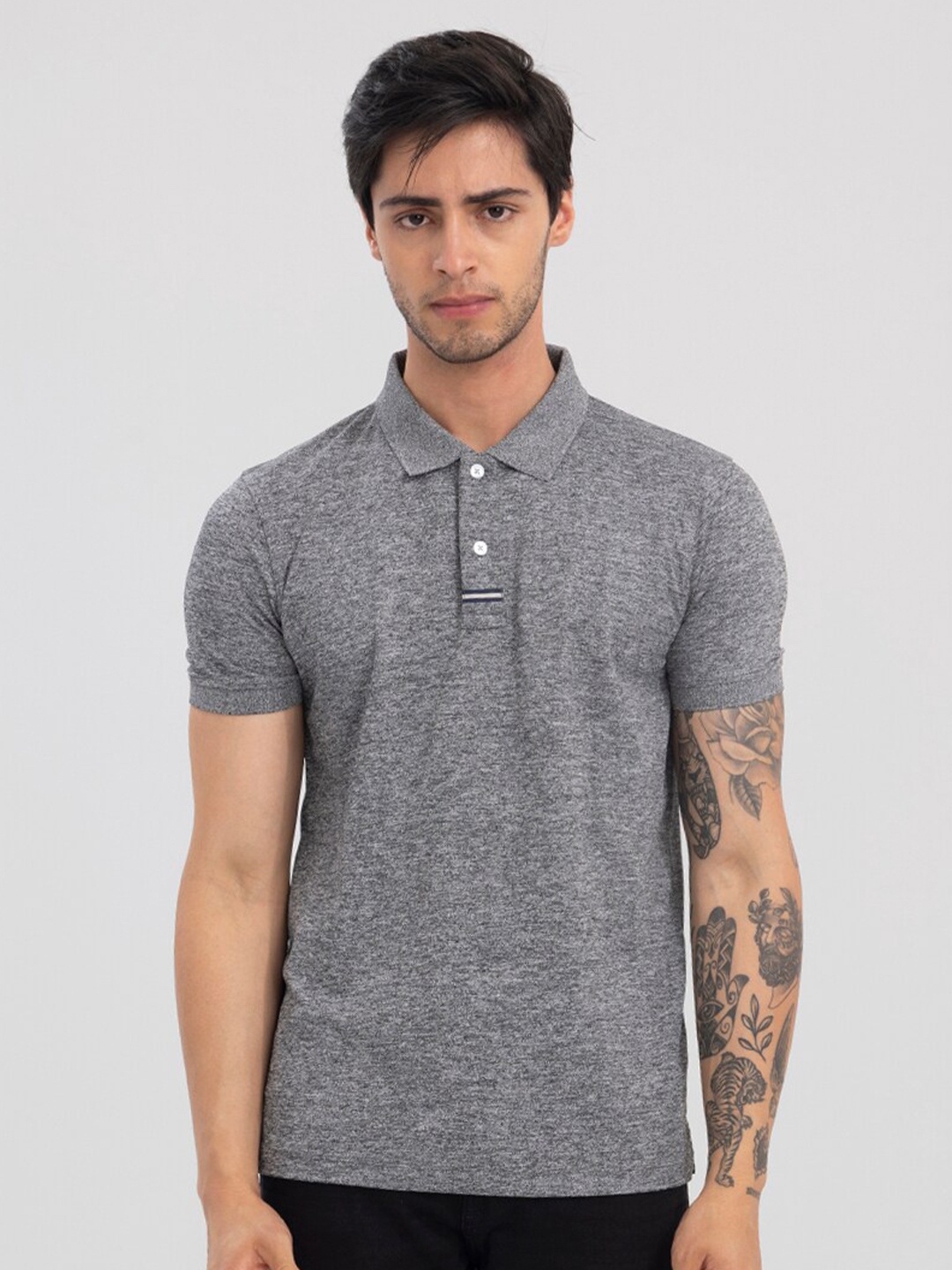 

Snitch Men Polo Collar Slim Fit T-shirt, Grey melange