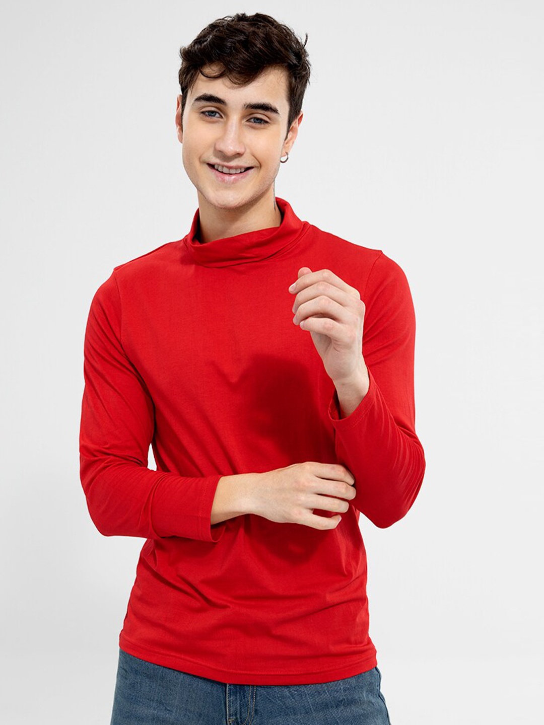 

Snitch Men High Neck Slim Fit Cotton T-shirt, Red
