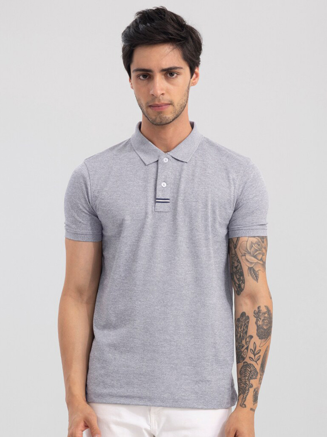 

Snitch Men Polo Collar Cotton Slim Fit T-shirt, Grey