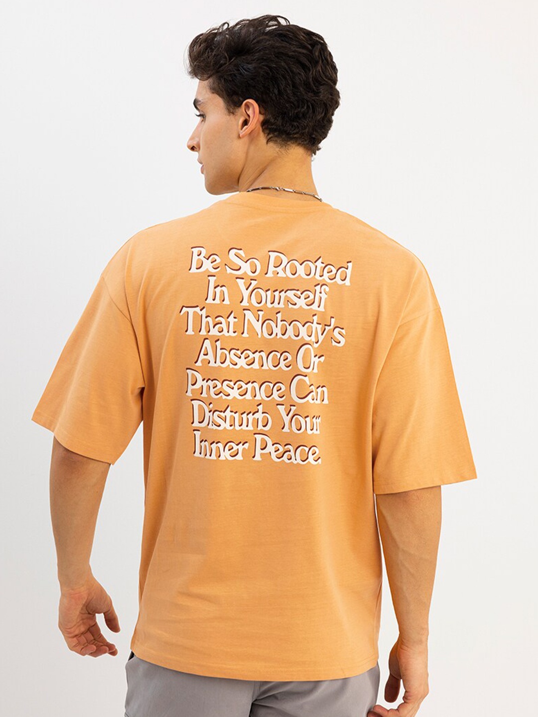 

Snitch Men Typography Printed Drop-Shoulder Sleeves Cotton Boxy T-shirt, Orange