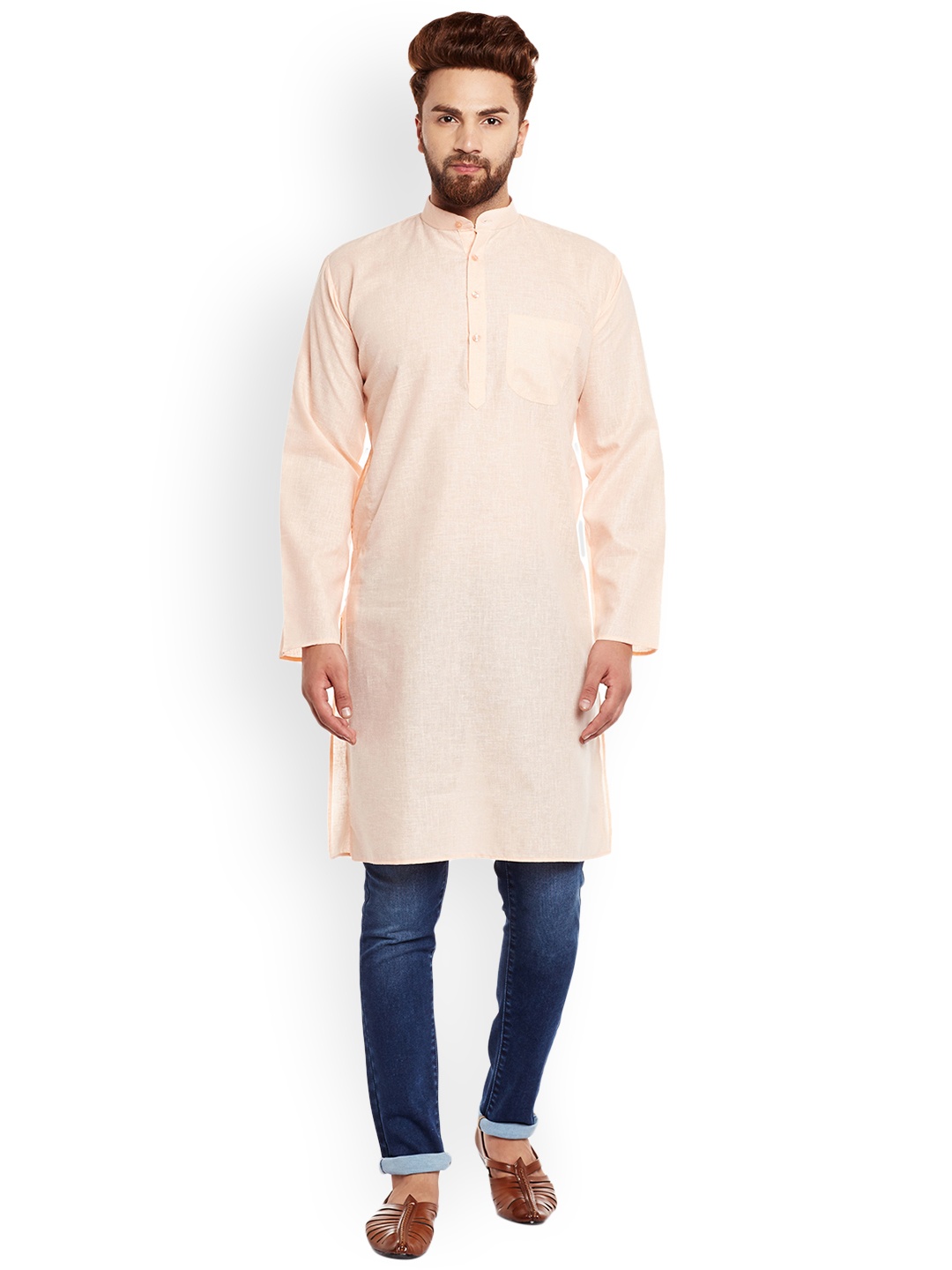 

SOJANYA Men Peach-Coloured Solid Straight Kurta