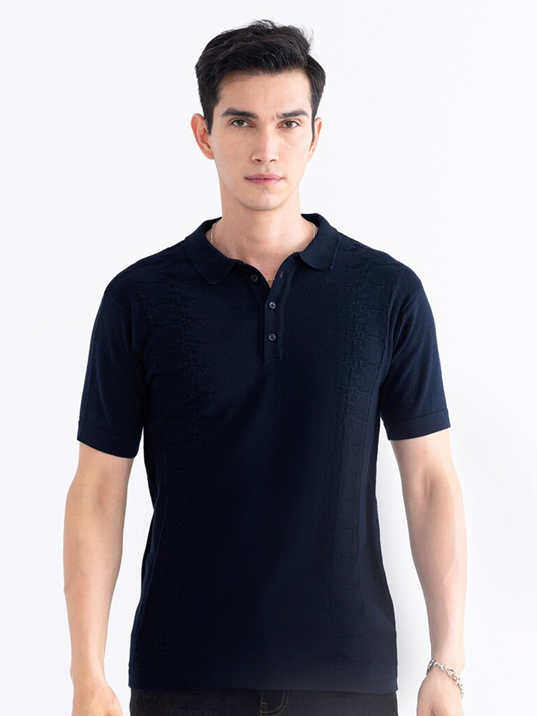 

Snitch Men Polo Collar Pure Cotton Slim Fit T-shirt, Blue