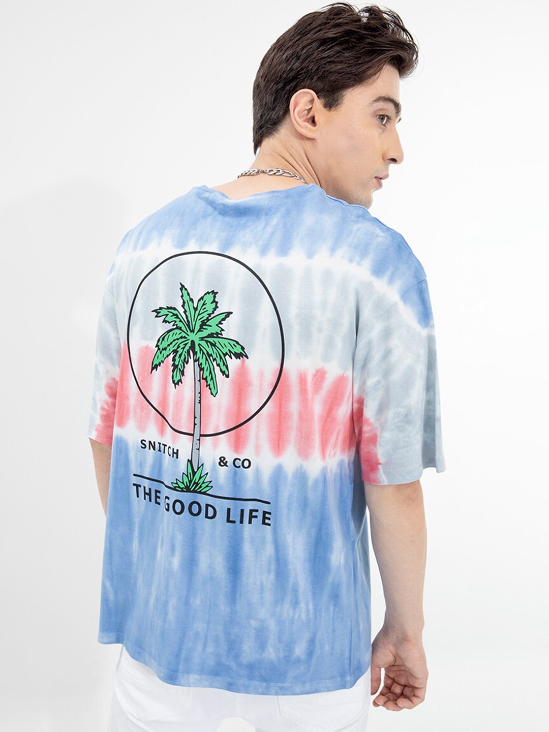 

Snitch Men Tie and Dye Drop-Shoulder Sleeves Cotton Boxy T-shirt, Blue
