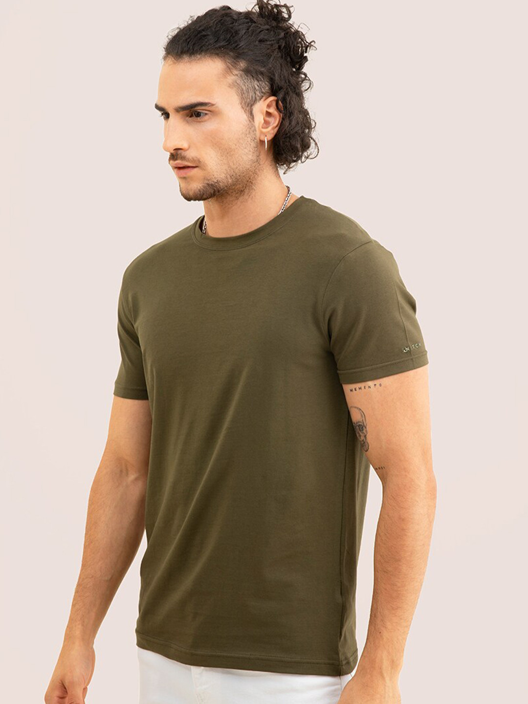 

Snitch Men Cotton Slim Fit T-shirt, Olive
