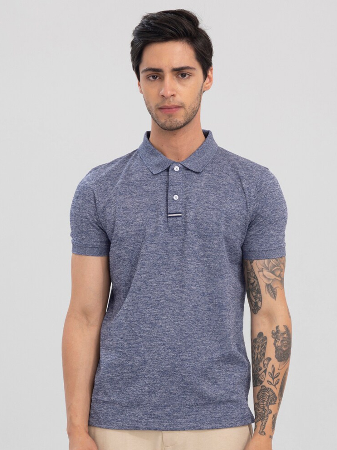 

Snitch Men Polo Collar Cotton Slim Fit T-shirt, Grey melange