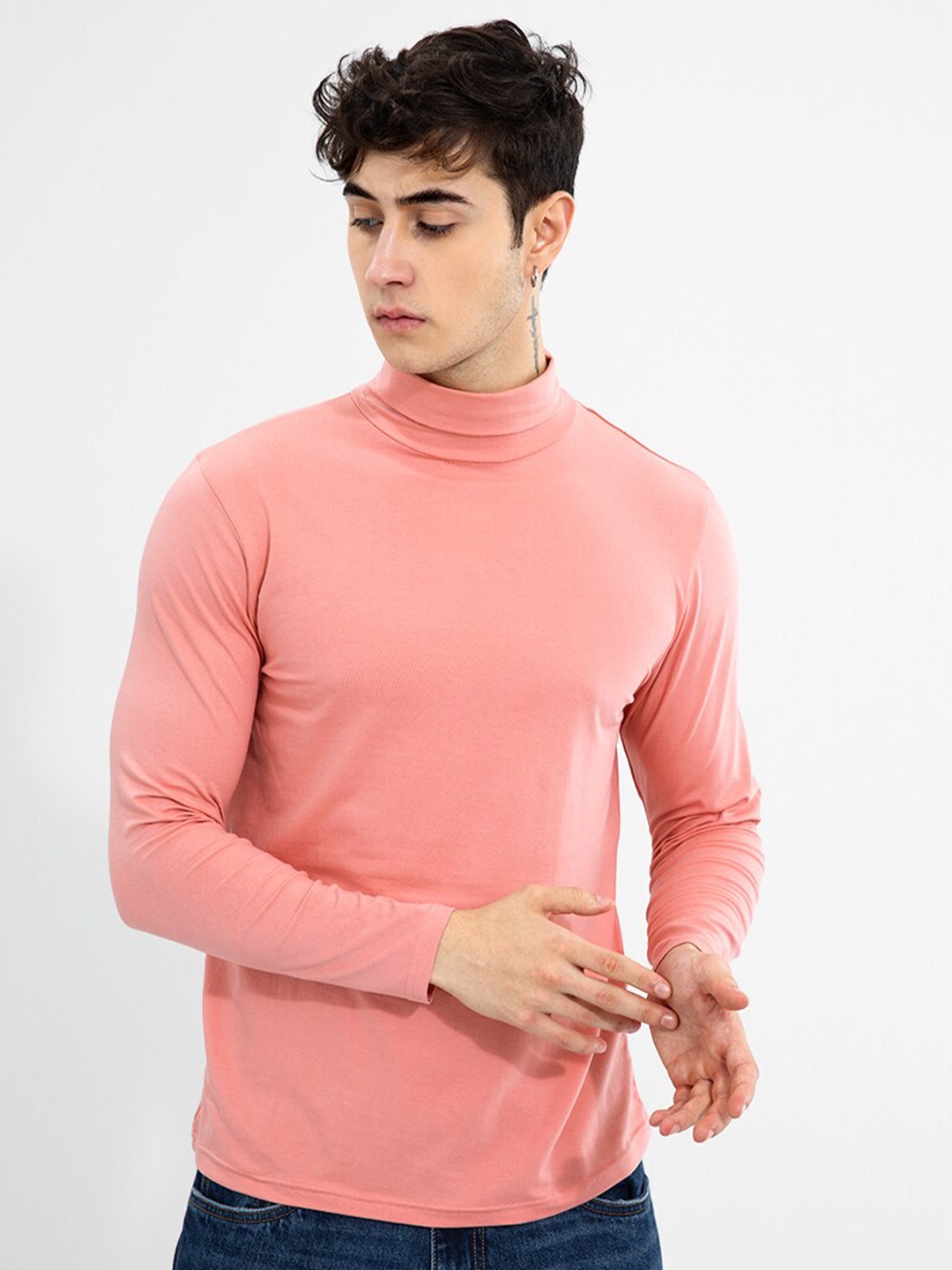

Snitch Men High Neck Cotton Slim Fit T-shirt, Pink