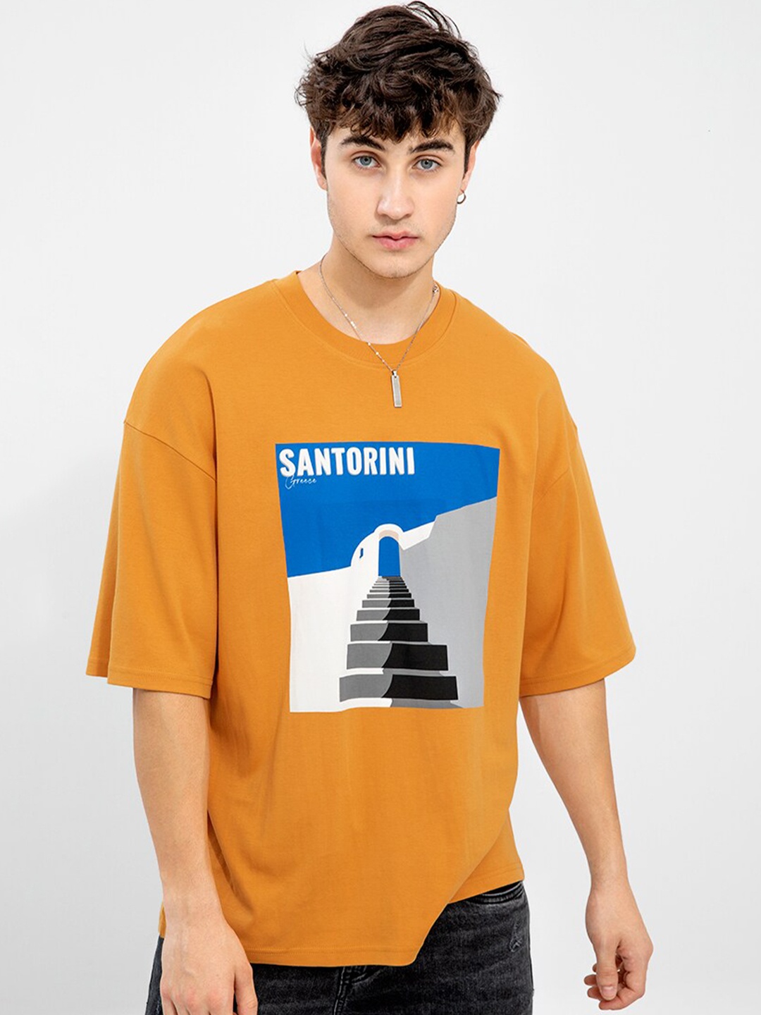

Snitch Men Printed Drop-Shoulder Sleeves Cotton Boxy T-shirt, Mustard