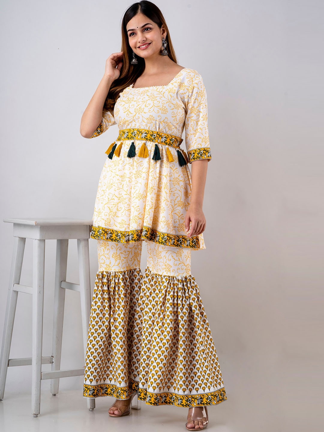 

Shedika Ethnic Motifs Printed Empire Kurti with Sharara, Beige