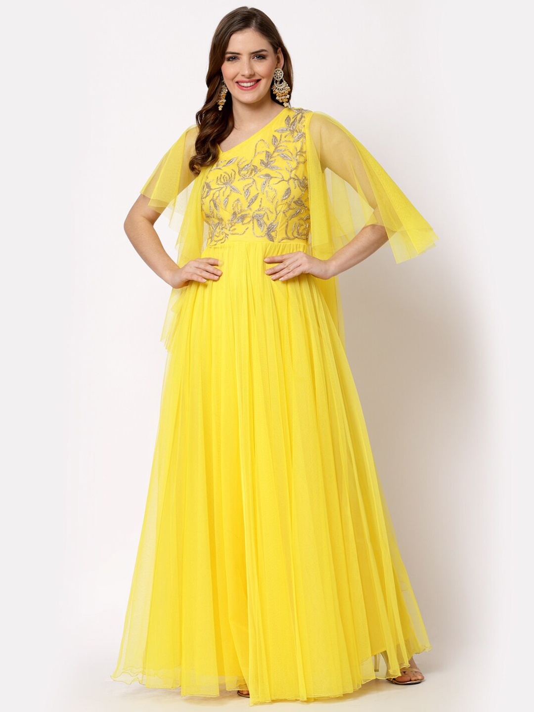 

Just Wow Floral Embroidered Net Ethnic Maxi Dress, Yellow