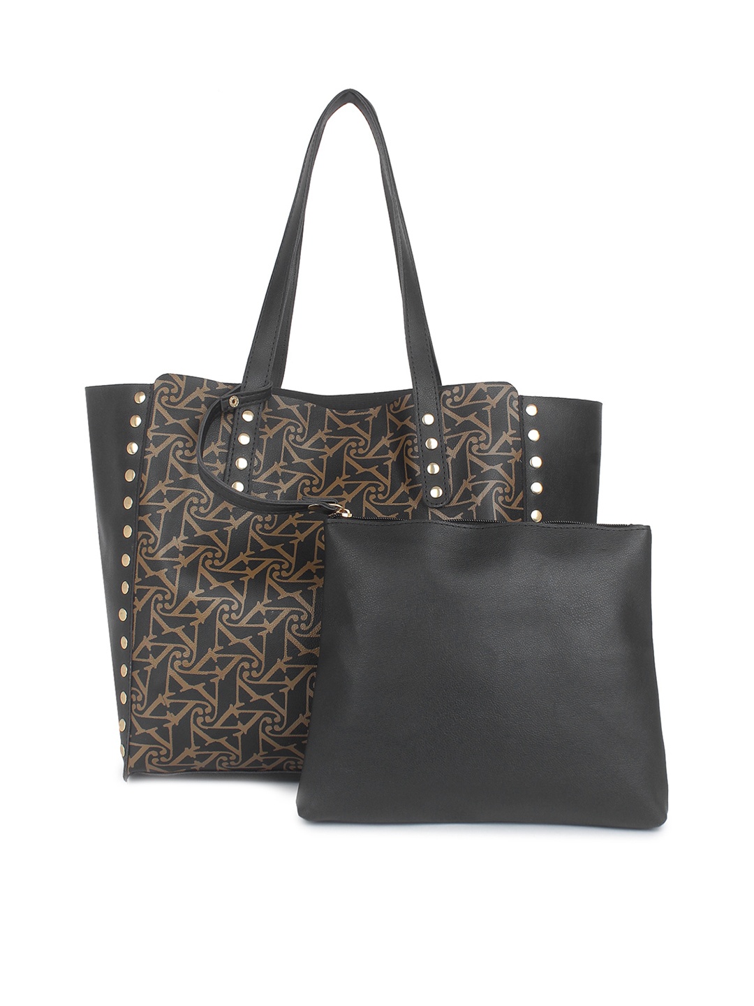 

yelloe Women Black Printed embellished tote bag with pouch