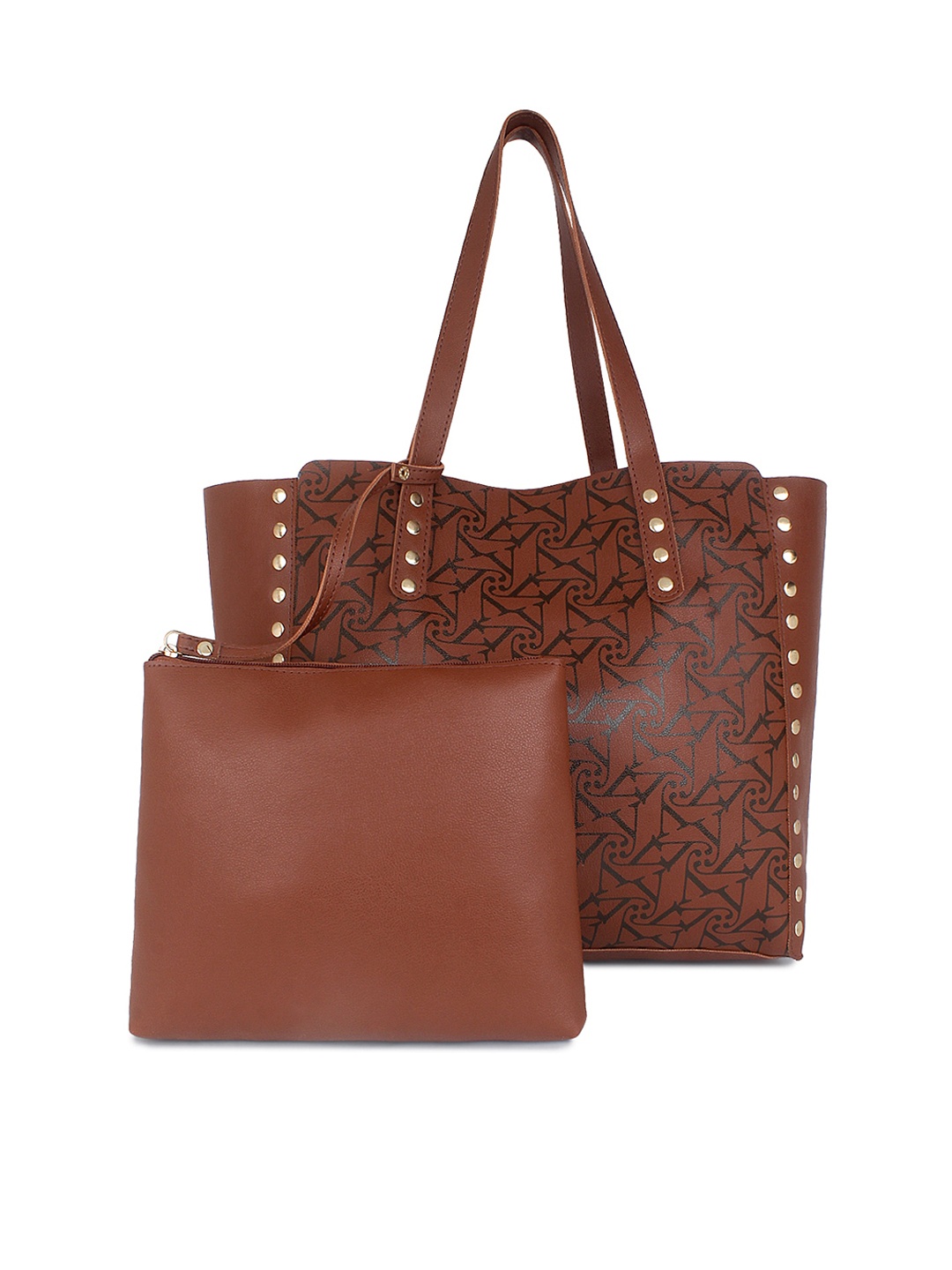 

yelloe Women Tan Printed Embellished Tote Bag With Pouch