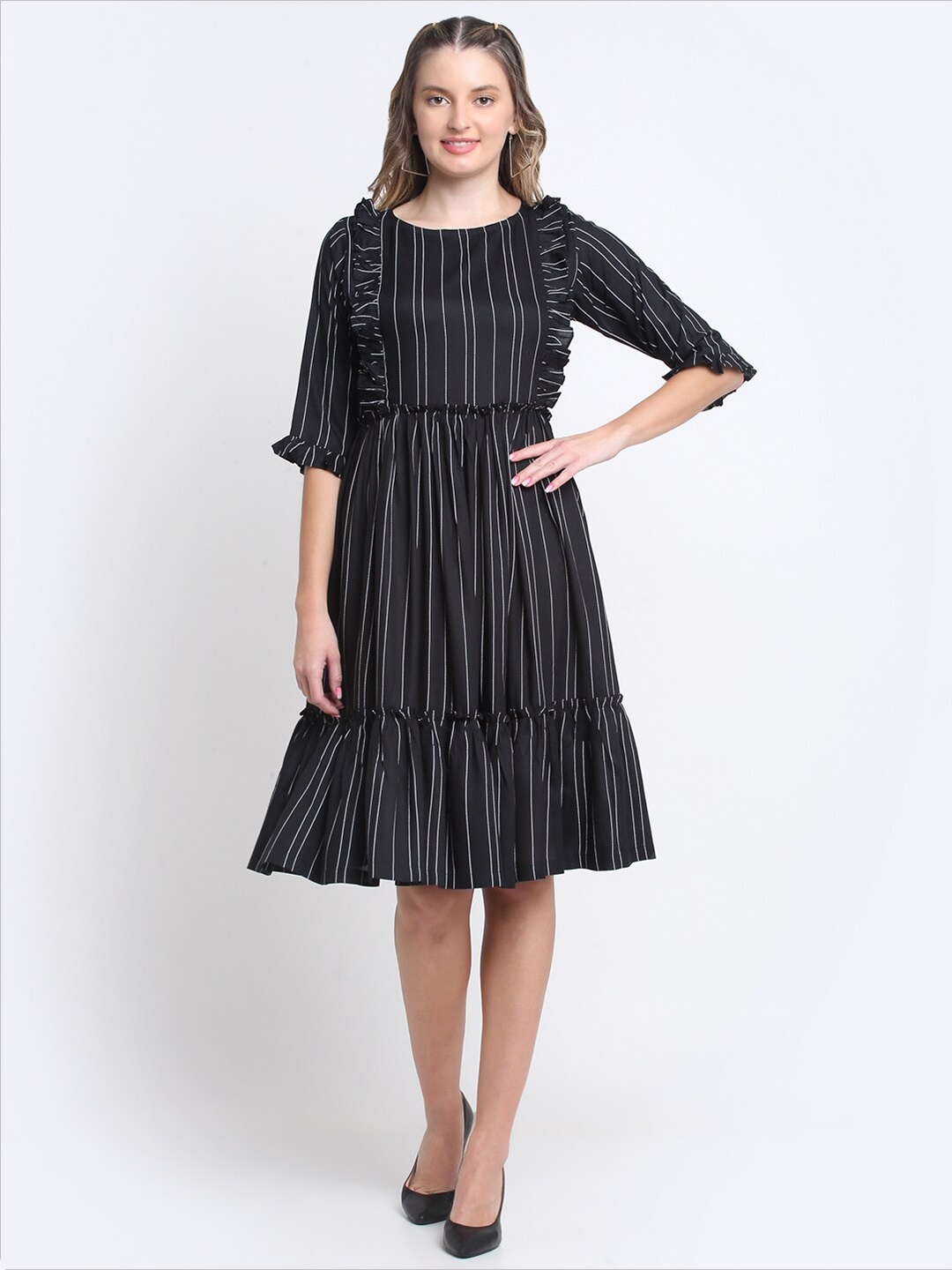 

SiaVira Striped Ruffled Flounce Fit & Flare Dress, Black