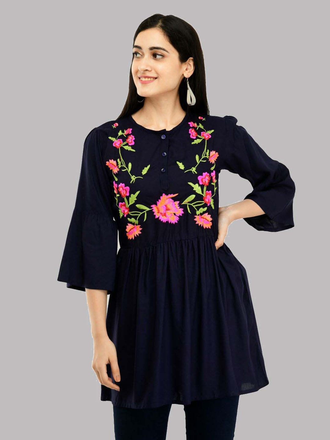 

SAAKAA Floral Embroidery Longline Top, Navy blue