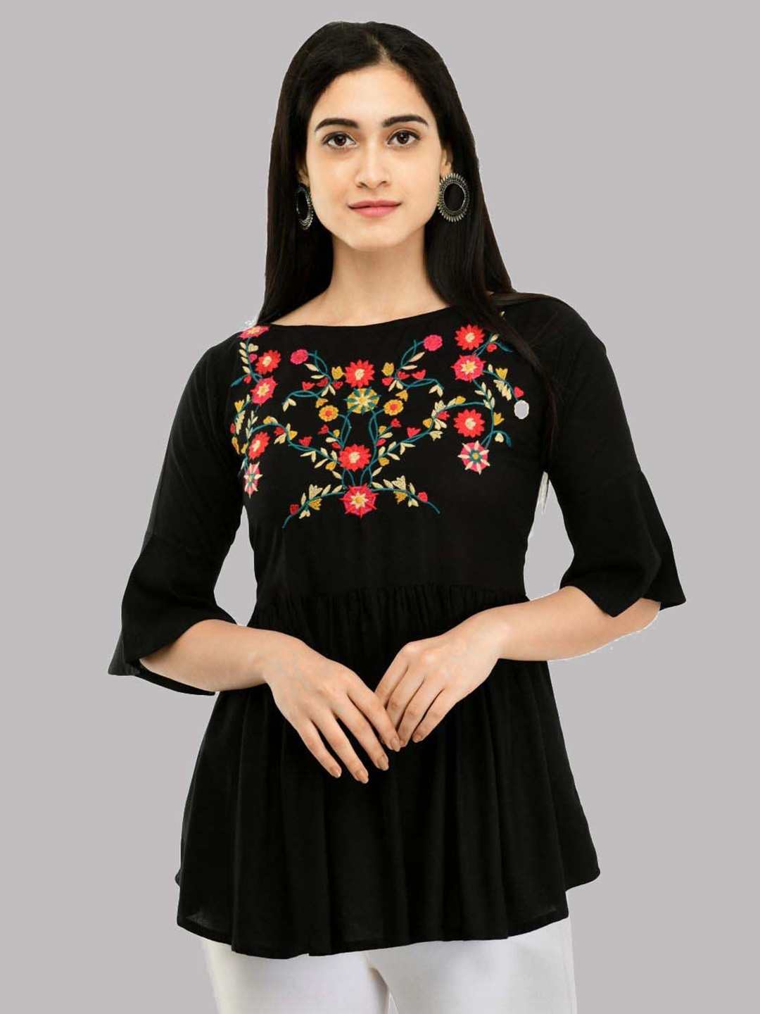 

SAAKAA Floral Embroidered Empire Top, Black