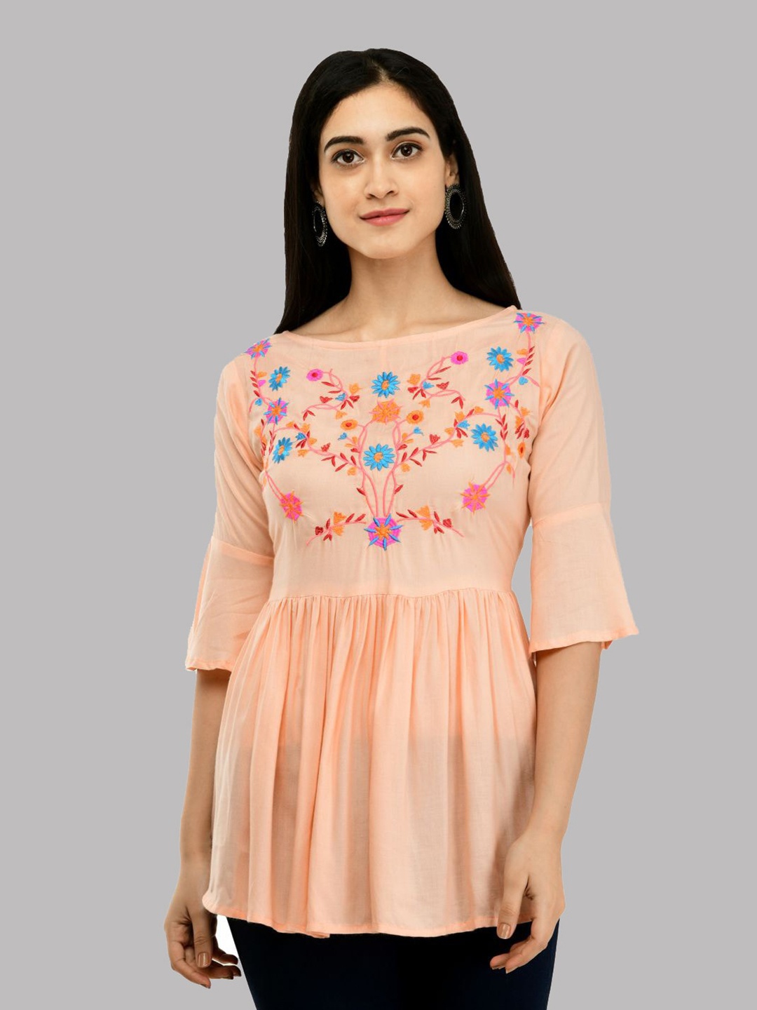 

SAAKAA Floral Embroidered Peplum Top, Peach