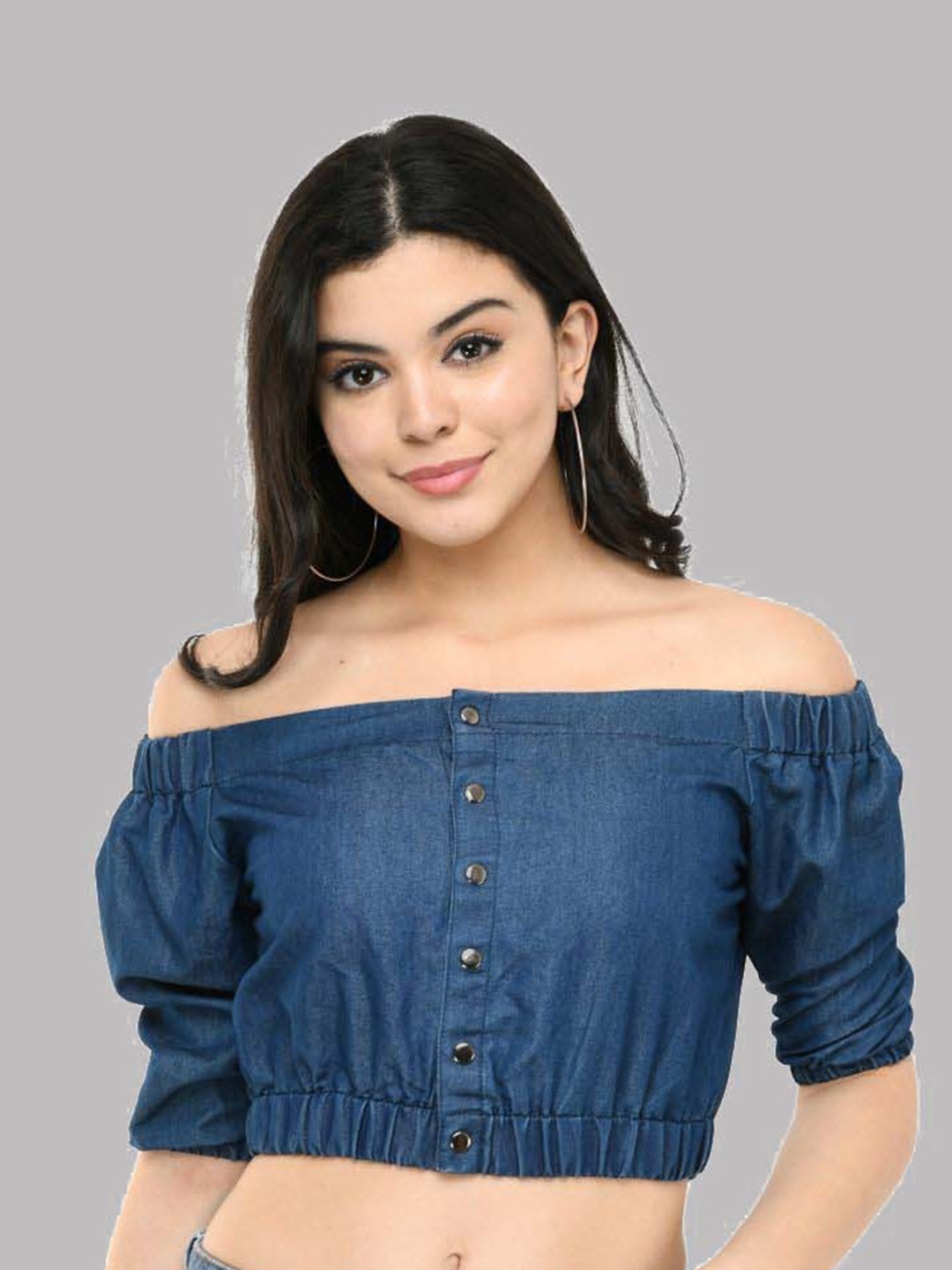 

SAAKAA Off-Shoulder Denim Bardot Crop Top, Blue