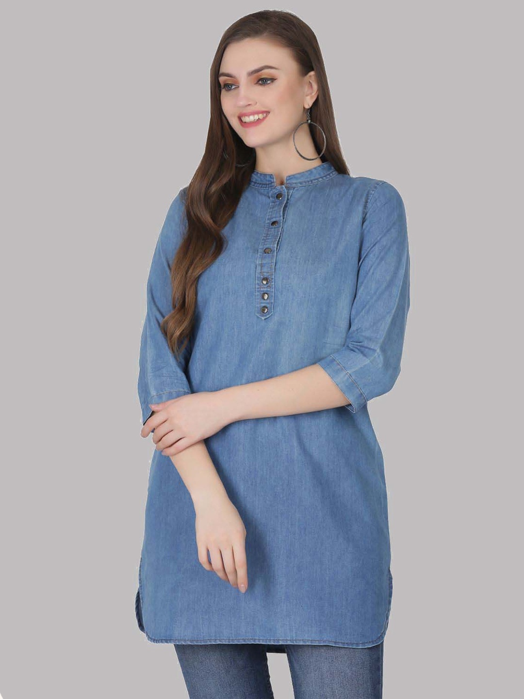 

SAAKAA Mandarin Collar Denim Longline Top, Blue