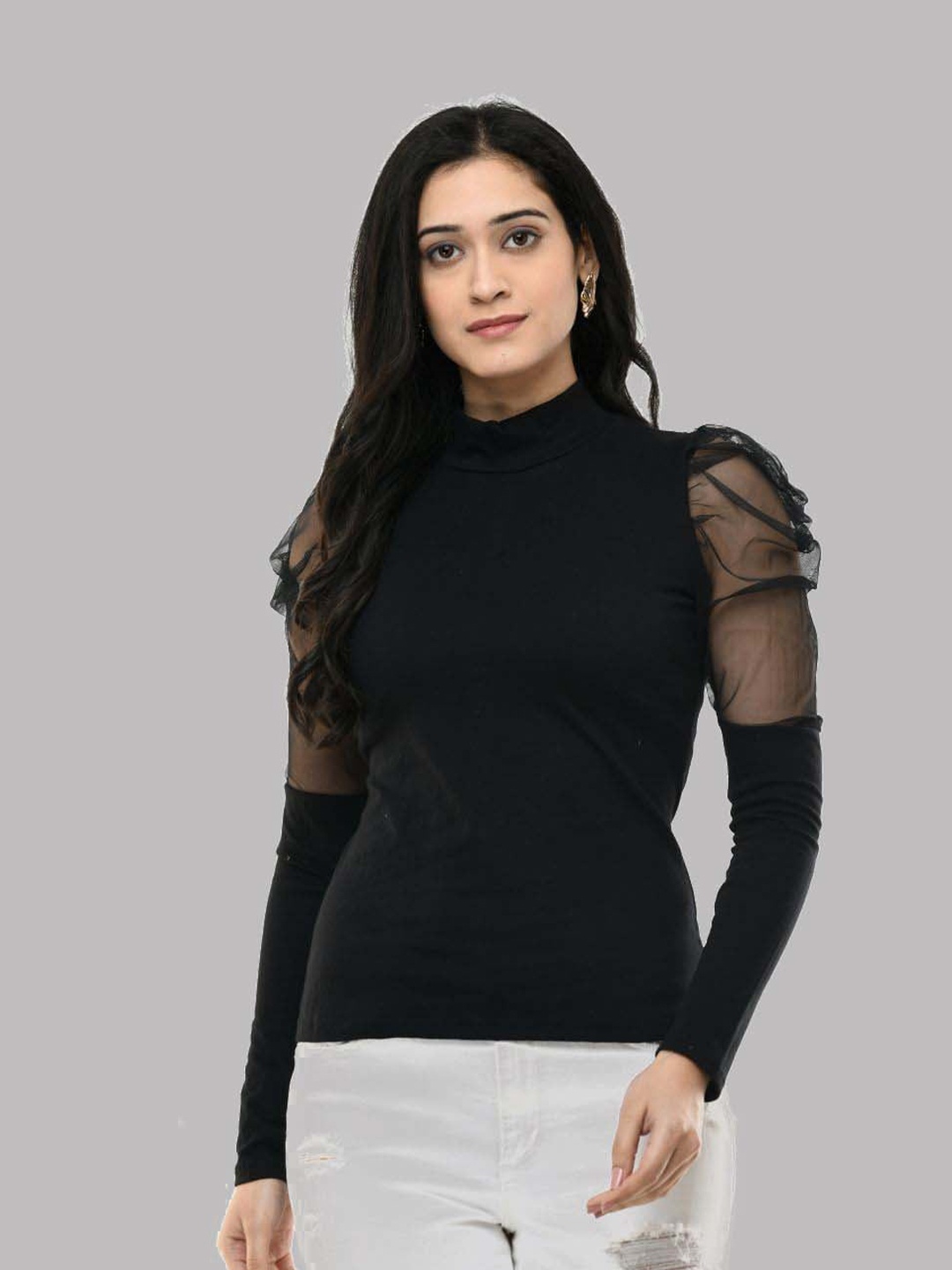 

SAAKAA High Neck Puff Sleeves Net Top, Black