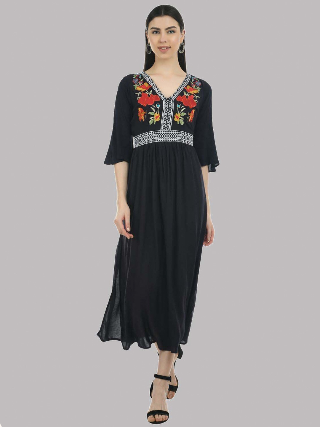 

SAAKAA Floral A-Line Midi Dress, Black
