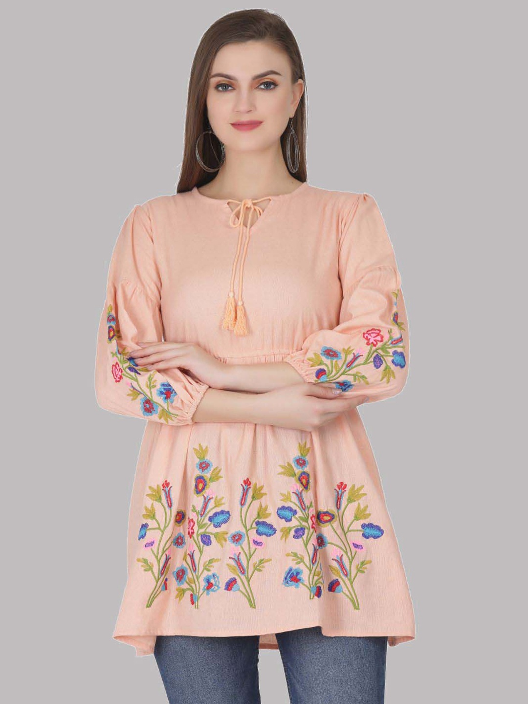 

SAAKAA Floral Embroidered Tie-Up Neck Top, Peach