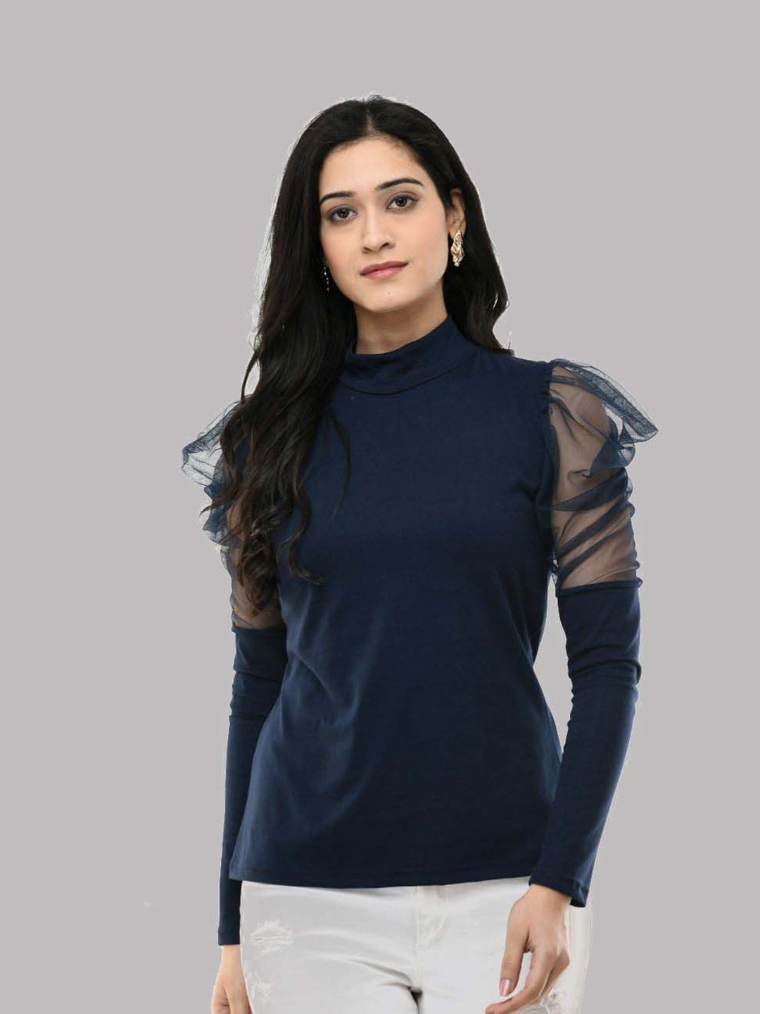 

SAAKAA High Neck Puff Sleeves Net Top, Navy blue