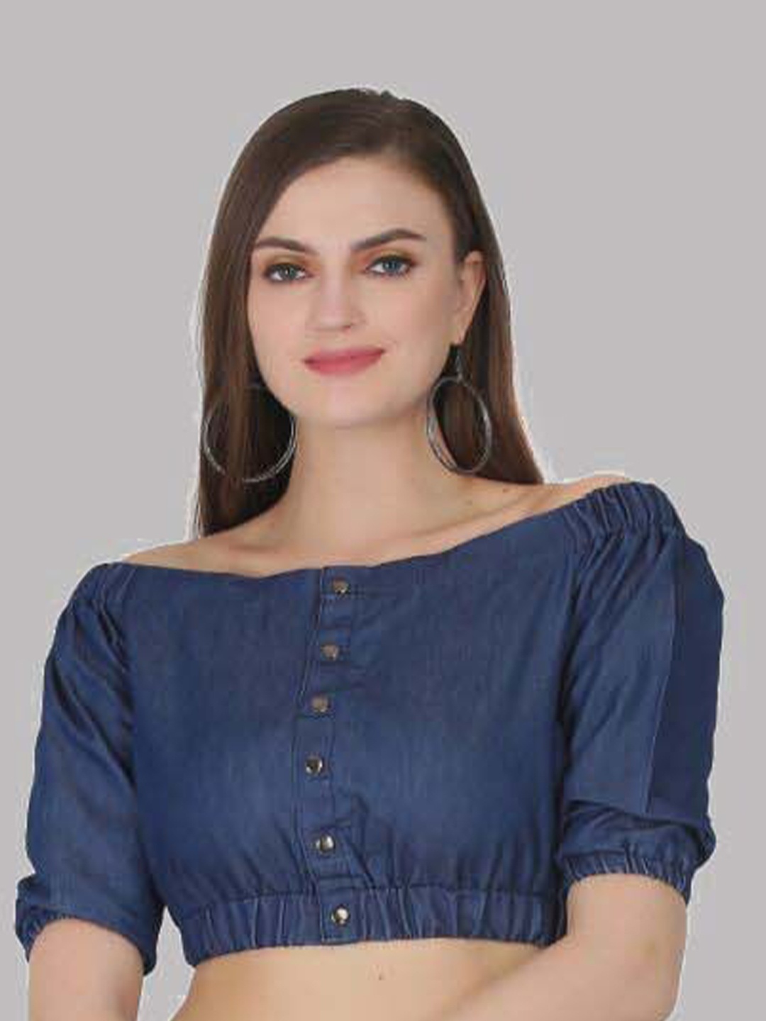

SAAKAA Off-Shoulder Denim Bardot Crop Top, Blue